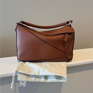 Loewe Cognac Puzzle Shoulder Bag with Black Piping